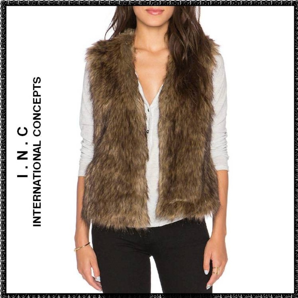 INC Faux Fur Vest M Brown Beige Tan OPEN FRONT - Picture 1 of 6